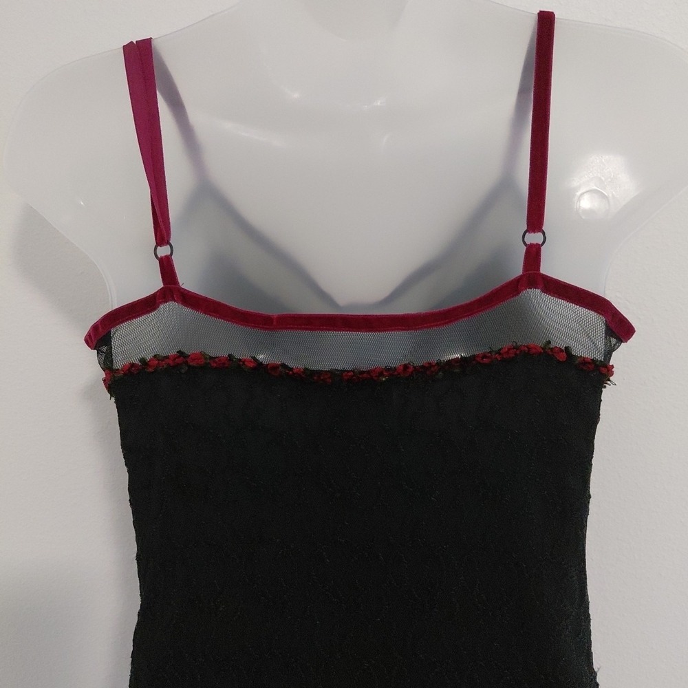 VTG Betsey Johnson Slip Dress Black Lace Rose Ditsy Neckline Velvet Trim Large - Picture 6 of 16